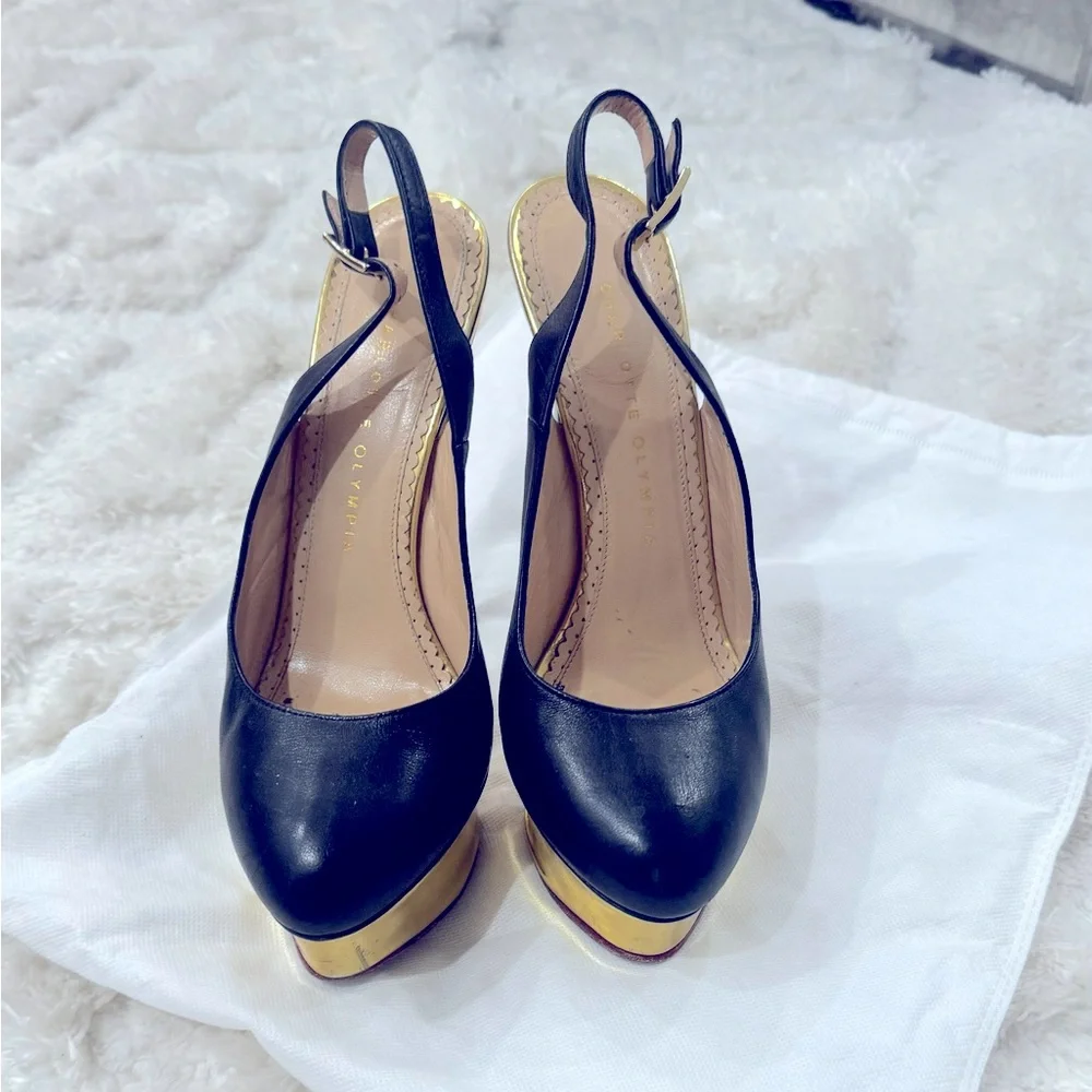 Black Leather DOLLY Gold Platform Slingback Pumps - Picture 1 of 11